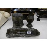 A BRONZE VASE AND PEWTER LIDDED POT AND TRAY A/F