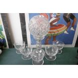 A CUT GLASS LAMP AND FIVE SUNDAE GLASS DISHES
