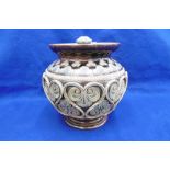 A LARGE GLAZED ROYAL DOULTON LIDDED JAR SIGNED MVM ( MICHAEL MARSHALL)