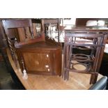 A VICTORIAN INLAID WALNUT HANGING CABINET AND A NEST OF TABLES A/F