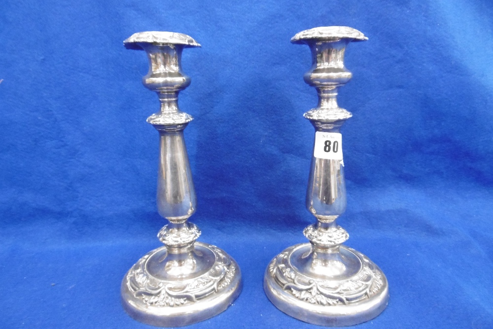 A PAIR OF 19TH CENTURY SILVER PLATED CANDLESTICKS - Image 2 of 3