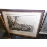 A FRAMED ETCHING WOODCUTTER SCENE