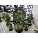 SIX PIECES OF ORIENTAL CLOISONNE SET WITH STANDS, LIDDED VASES,