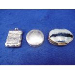 A HM SILVER AND HARD STONE PILL BOX AND TWO OTHERS