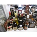 EIGHTEEN BOTTLES OF ASSORTED WINES AND SPIRITS INCLUDING A BOXED BOTTLE OF 1970'S VSOP JANNEAU