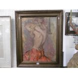 A FRAMED OIL ON BOARD OF A SEMI CLAD NUDE