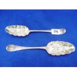 A PAIR OF HM SILVER GEORGE II PERIOD OLD ENGLISH PATTERN TABLE SPOONS WITH LATER BERRY DECORATIONS,