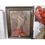 A FRAMED OIL ON BOARD OF A SEMI CLAD NUDE