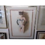 A LARGE FRAMED PASTEL AND PENCIL STUDY, LADY IN A CAT MASK,