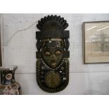 GOOD QUALITY AFRICAN WALL MASK DECORATED WITH BEAD WORK TO THE FACE AND INLAID WITH COPPER