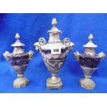 A FINE QUALITY AND RARE SET OF THREE 19TH CENTURY BLUE JOHN AND ORMOLU MOUNTED URNS,