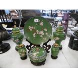 SIX PIECES OF ORIENTAL CLOISONNE SET WITH STANDS, LIDDED VASES,