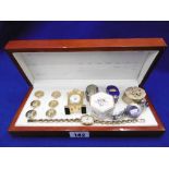 AN ASSORTMENT OF ITEMS INCLUDING PILL BOXES,