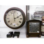 A 1920S/30'S OAK STRIKING MANTLE CLOCK AND 19TH CENTURY MAHOGANY FUSEE MOVEMENT WALL CLOCK A/F