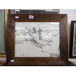 A FRAMED PEN AND INK DRAWING BATTLE SCENE,