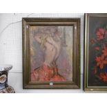 A FRAMED OIL ON BOARD OF A SEMI CLAD NUDE