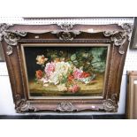 A GILT FRAMED STILL LIFE SILK PICTURE