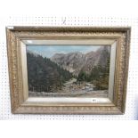 A GILT FRAMED OIL ON CANVAS ALPINE SCENE