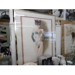 A LARGE FRAMED PASTEL AND PENCIL STUDY, LADY IN A CAT MASK,