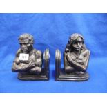 A PAIR OF BRONZE AND MARBLE BOOKENDS