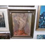 A FRAMED OIL ON BOARD OF A SEMI CLAD NUDE