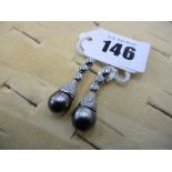 A PAIR OF 18CT WHITE GOLD TAHITIAN PEARL AND DIAMOND DROP EARRINGS