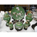 SIX PIECES OF ORIENTAL CLOISONNE SET WITH STANDS, LIDDED VASES,
