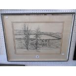 A PEN AND INK DRAWING, LANDSCAPE,