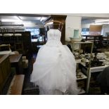 A SIZE EIGHT CRYSTAL DECORATED WEDDING DRESS AND TWO VINTAGE EVENING BAGS