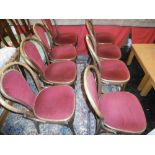 SET OF EIGHT BENTWOOD CHAIRS WITH BURGUNDY SEATS AND BACKS