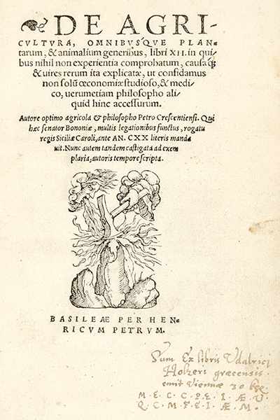 Crescentiis, Petrus de. De agricultura omnibus'que plantarum, & animalium generibus, libri XII. in