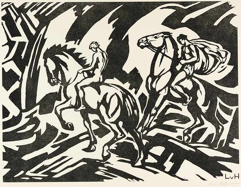 Hofmann, Ludwig von. Zwei Reiter in einer Landschaft. Holzschnitt auf Papier. Rechts unten