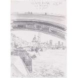 Bluth, Manfred. Waterloo Bridge mit Discovery und St. Paul. Bleistiftzeichnung auf Papier. Links