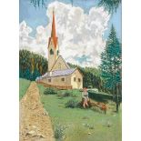 Lechter, Melchior. Sitzende Frau vor Kirche in Berglandschaft. Pastell auf Papier. Mit Papier