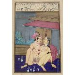 Drei fein ausgeführte persische Buchmalereien mit erotischen Darstellungen. Gouachen auf Papier bzw.