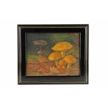 Flora - Fauna - - Pilzbild mit Butter-Röhrlingen (Suillus luteus). Frankreich ca. 1920, signiert "A.