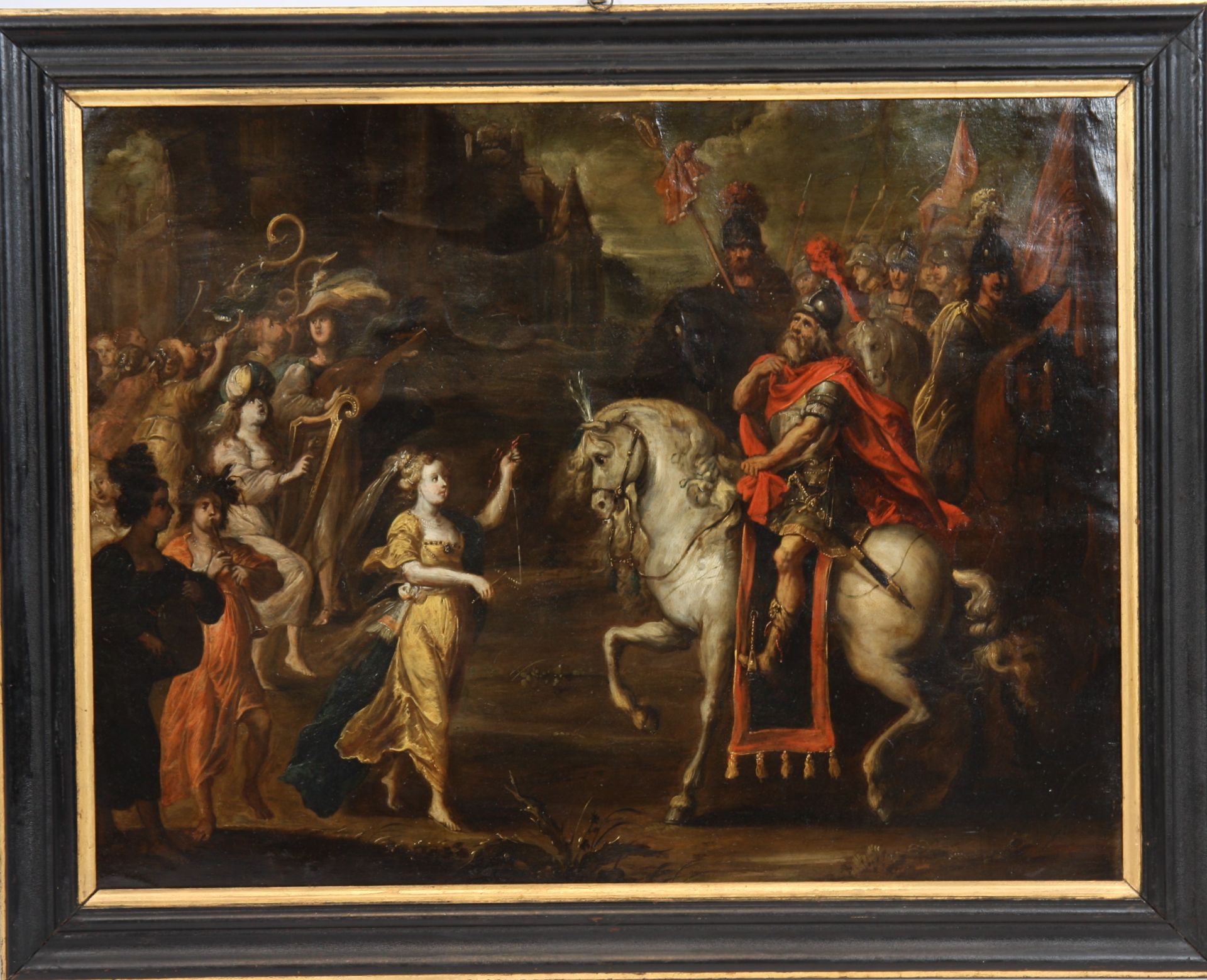 TABLEAU "LE RETOUR DE JEPHTE VAINQUEUR" DE CASTEELS PAUWELS XVIIè Huile sur cuivre, [...] - Bild 3 aus 6