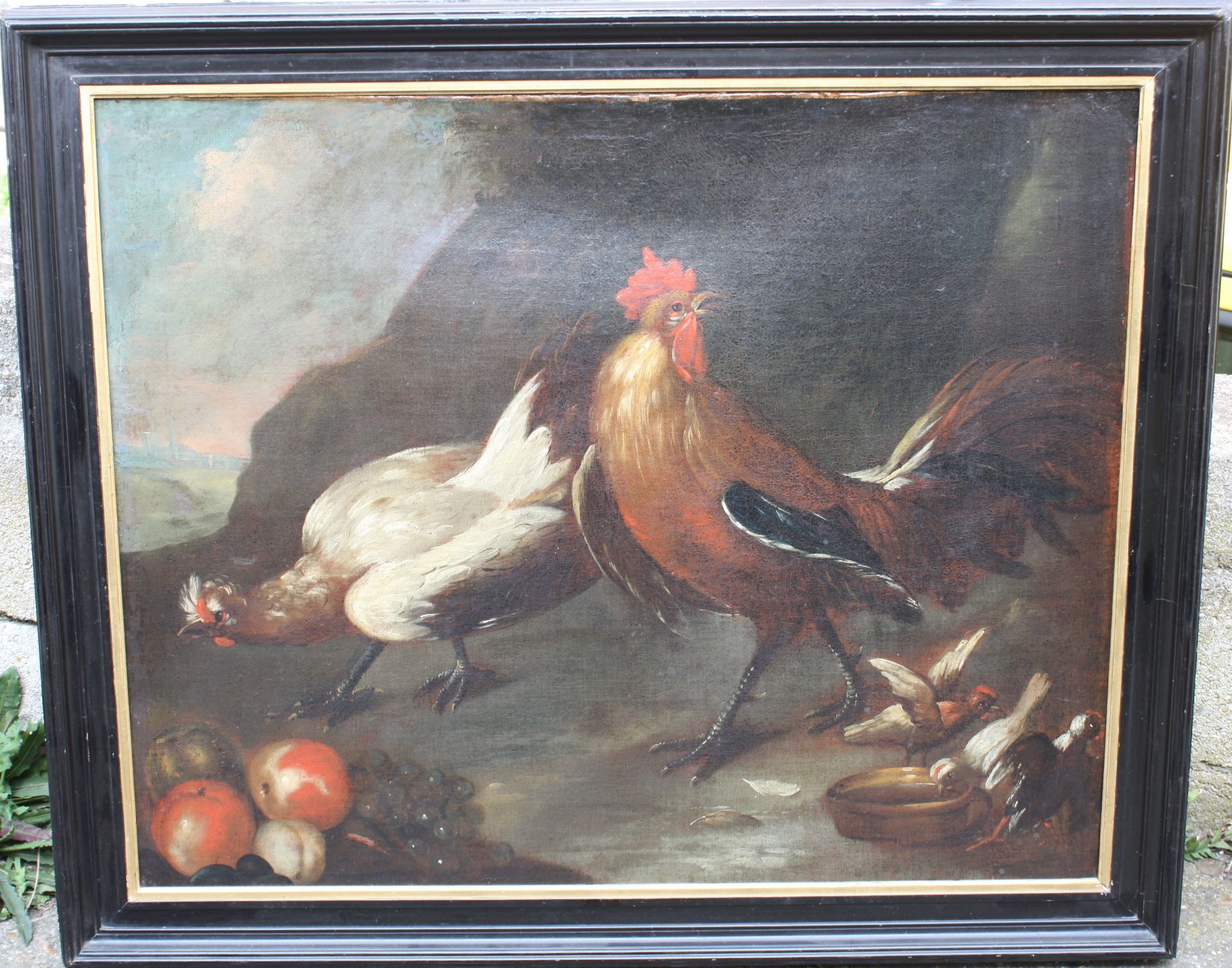 TABLEAU " SCENE DE BASSE COUR" ECOLE XVIIIè Huile sur toile représentant une Poule, [...]