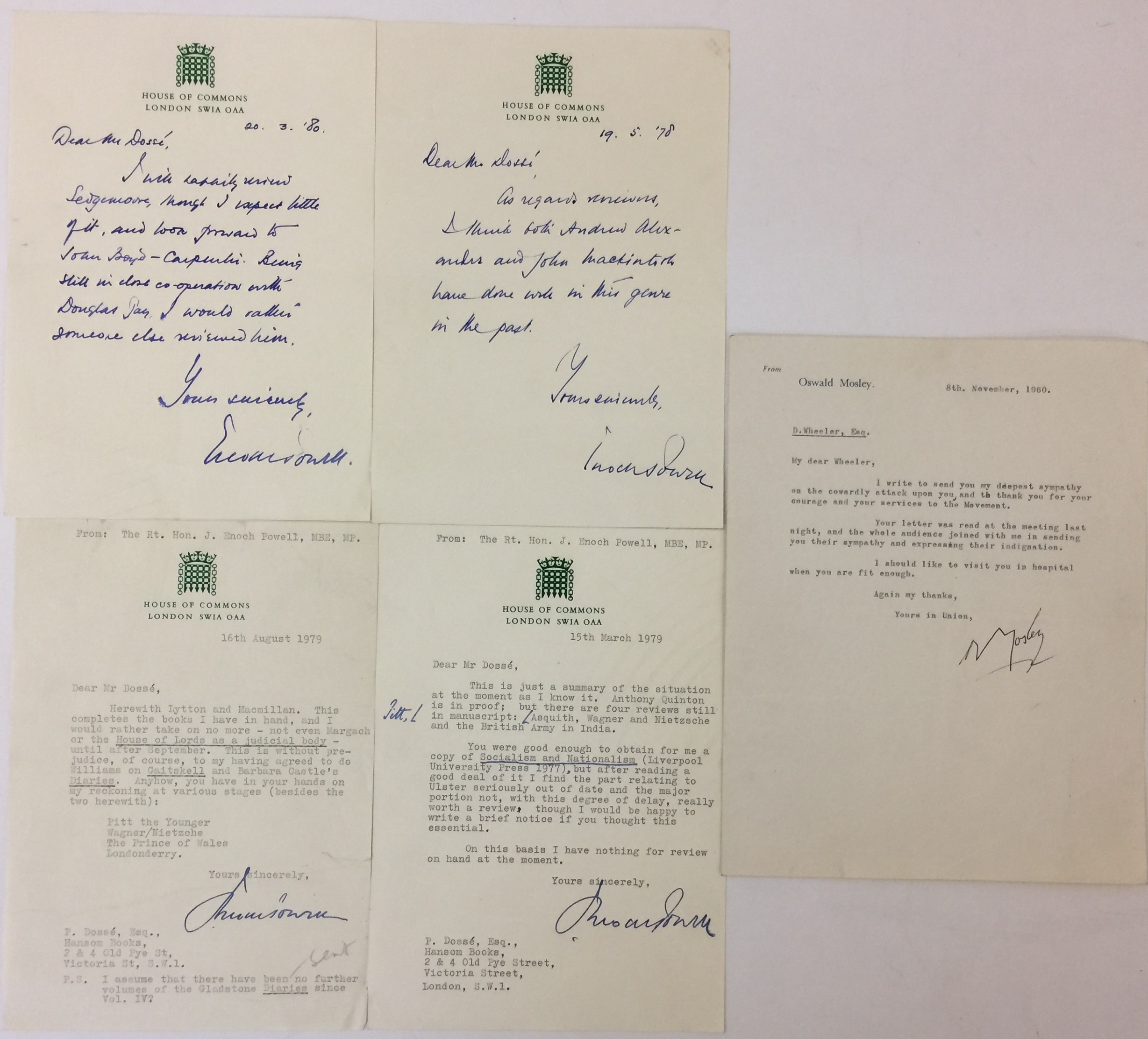 OSWALD MOSLEY/ ENOCH POWELL CORRESPONDENCE - Lot to include 5 hand signed pieces of correspondence.