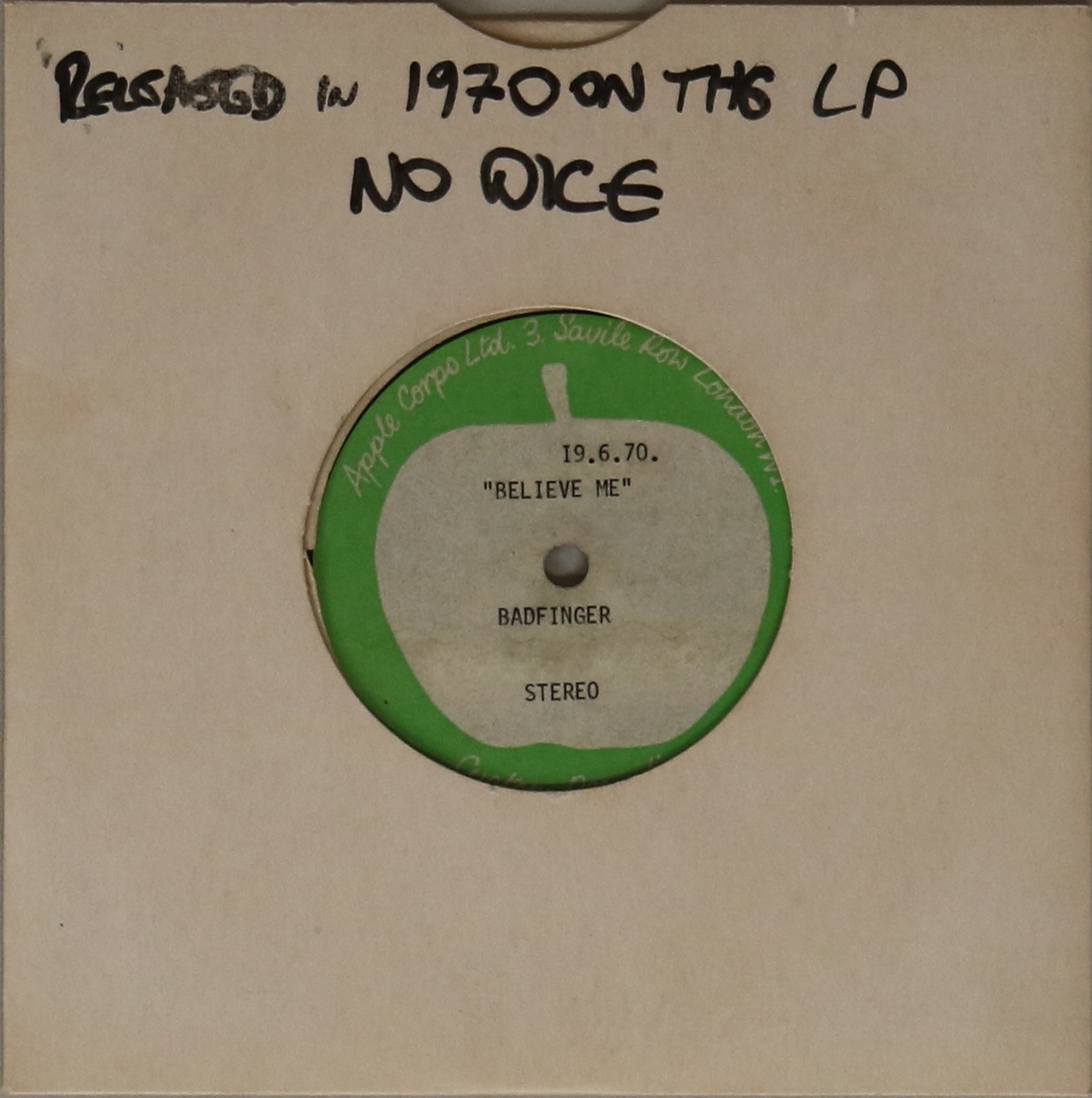 BADFINGER - BELIEVE ME - APPLE 7"ACETATE.