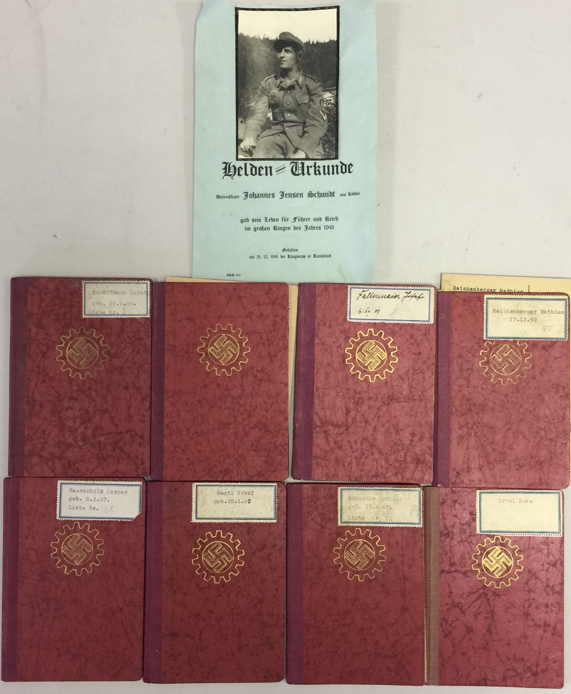THIRD REICH MEMBERSHIP BOOKS AND DEATH NOTICE. 8 Third Reich "mitgliedsbuchs" dating from 1934-1938.
