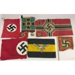 THIRD REICH FLAGS AND PENNANTS. 9 pieces to include flags, patches, armbands, and pennants.