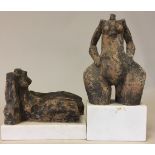 PAIR OF SCULPTURES. A pair of nudes cast in clay on marble bases. Both marked.