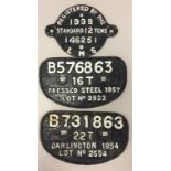 CAST IRON WAGON PLATES. Three original cast iron wagon plates.