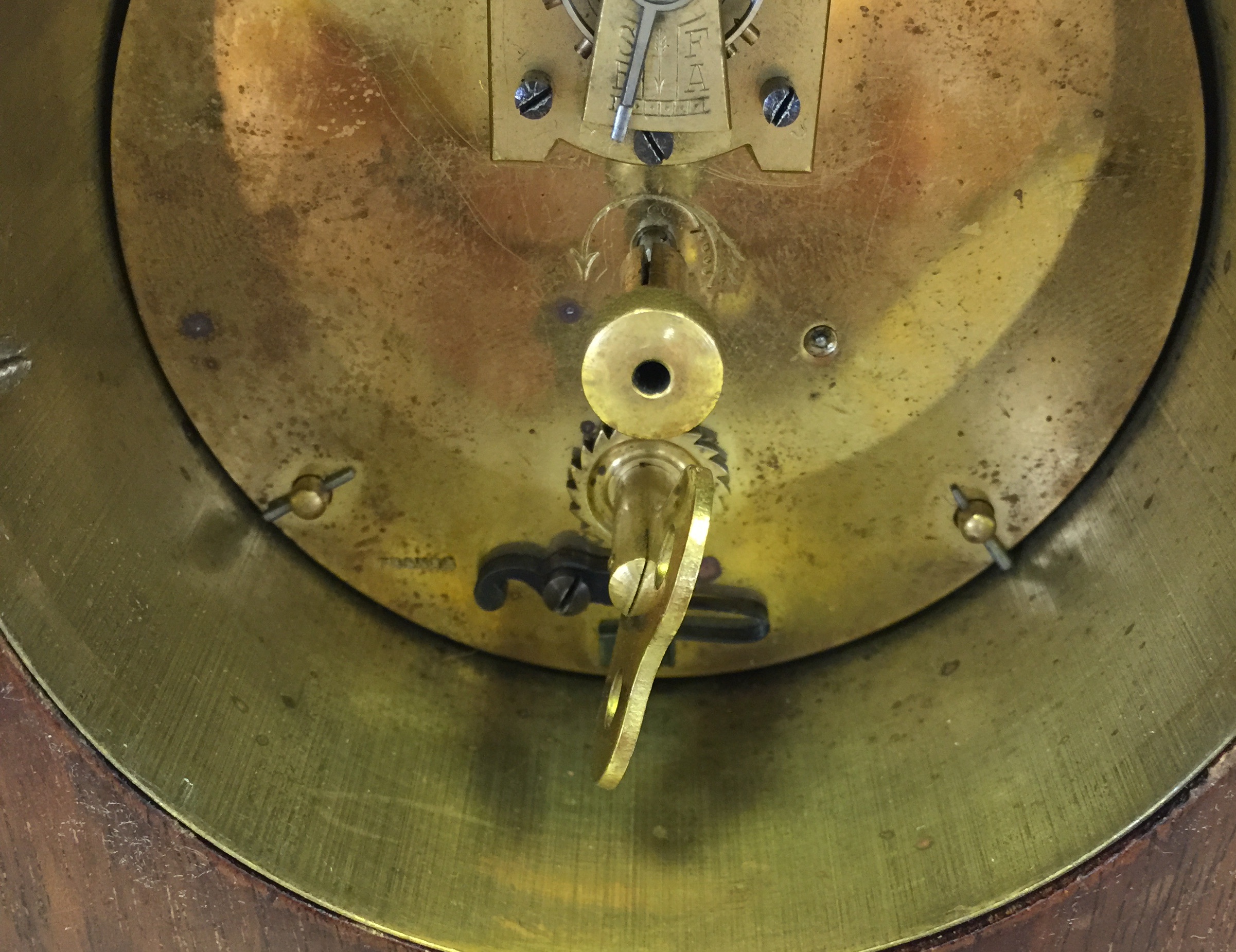 EDWARDIAN MANTLE CLOCK. A Brownlee & Son, Edinburgh inlaid mantle clock with French drum movement. - Image 7 of 7