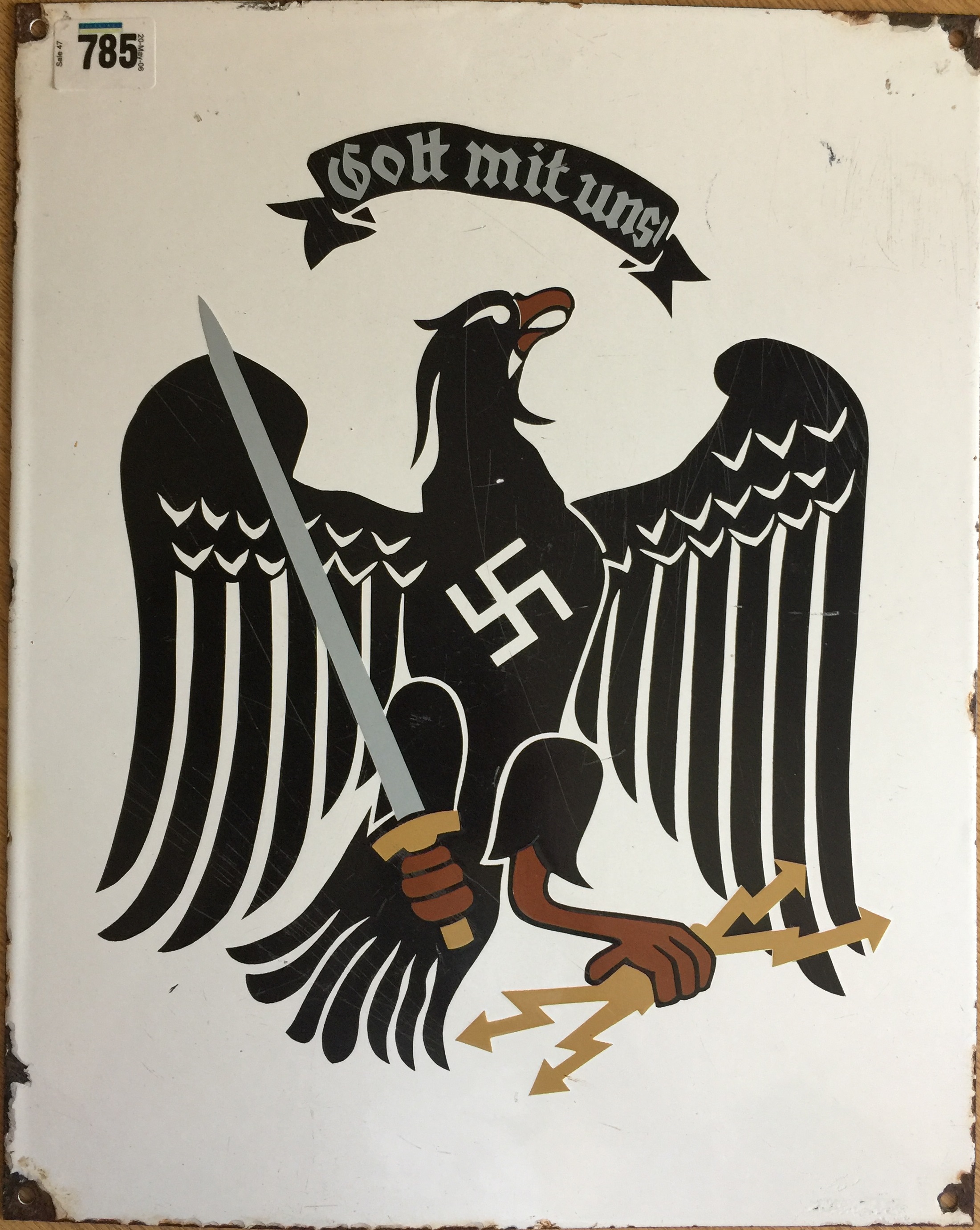 THIRD REICH. An enamelled metal sign depicting the Prussian coat of arms and motto 'Gott Mit Uns'.