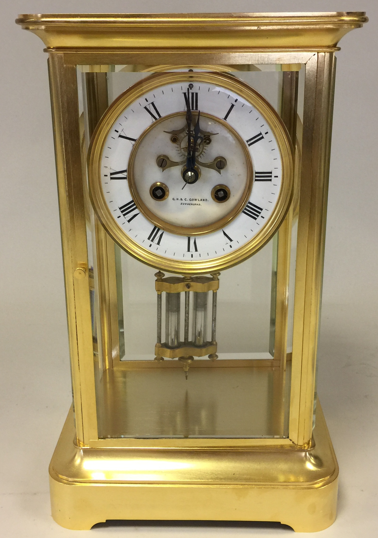 FRENCH FOUR GLASS MANTEL CLOCK. Marked to face G.H & C Gowland, Sunderland. Probably circa 1860s.