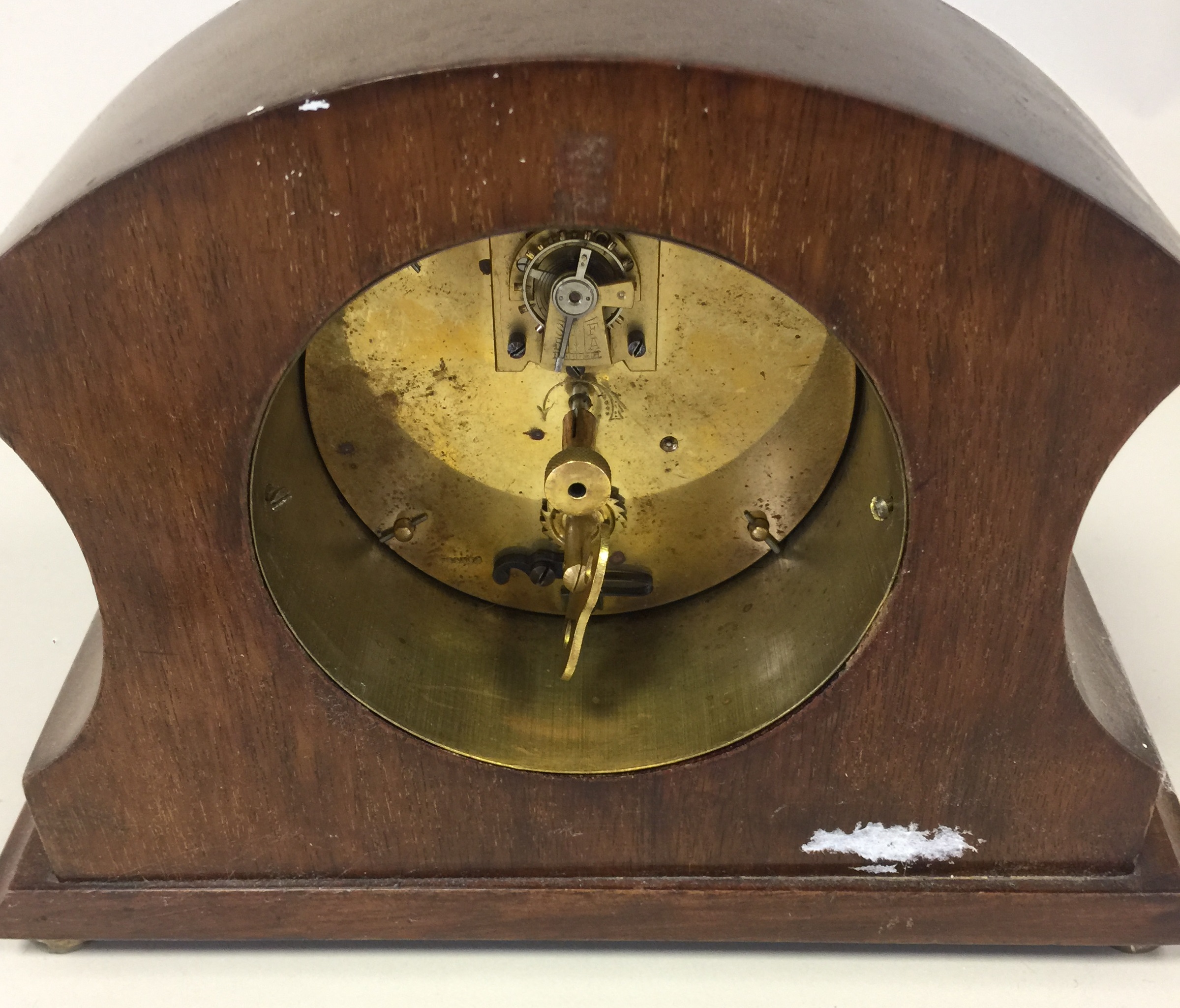 EDWARDIAN MANTLE CLOCK. A Brownlee & Son, Edinburgh inlaid mantle clock with French drum movement. - Image 5 of 7