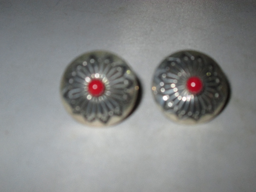 Pair of Thai silver earrings inset with coral