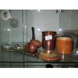 Vintage copper chocolate pot, brass ware, plated sugar tongs, treen eggs & jar etc.